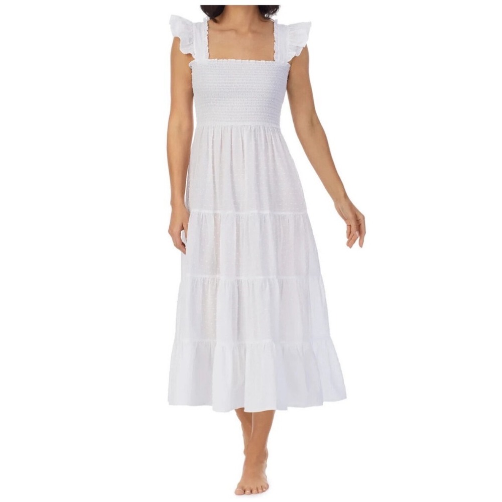 EILEEN WEST Grace Swiss Dot Smocked Cotton Lawn Dress Ruffle Sleeve Size Large